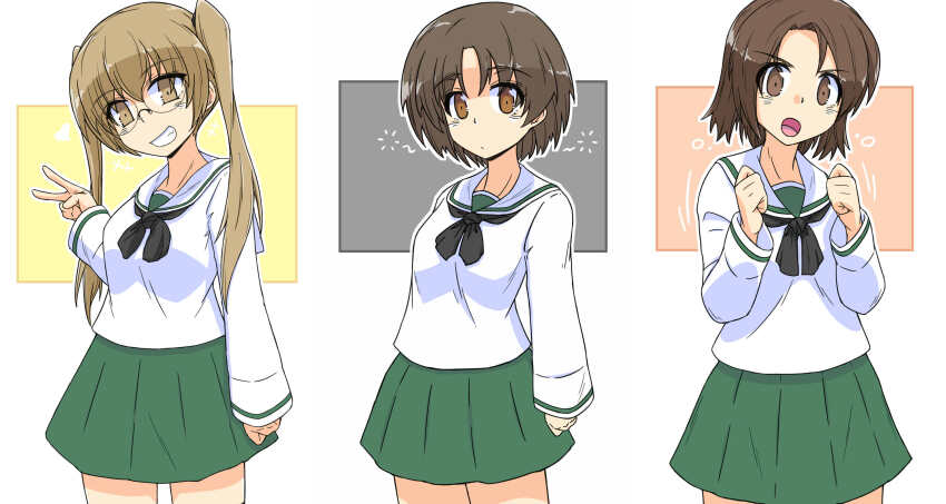 3girls black_neckerchief blouse brown_eyes brown_hair clenched_hands closed_mouth commentary_request frown girls_und_panzer glasses green_skirt grin heart highres light_frown long_hair long_sleeves looking_at_viewer maruyama_saki miniskirt motion_lines multiple_girls neckerchief ooarai_school_uniform oono_aya open_mouth parted_bangs partial_commentary pleated_skirt renshiu rimless_eyewear round_eyewear sailor_collar sawa_azusa school_uniform serafuku shirt simple_background skirt sleepy smile standing v white_background white_sailor_collar white_shirt