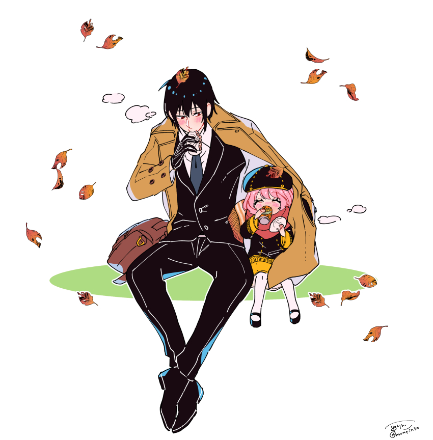 1boy 1girl ^_^ absurdres ahoge anya_(spy_x_family) autumn_leaves awarinko backpack bag beret black_dress black_hair black_hat black_jacket black_pants black_shoes blush brown_coat can closed_eyes coat collared_shirt colored_shadow dress eating falling_leaves food fringe_trim grey_necktie hat highres holding holding_can holding_food jacket leaf leaf_on_head necktie open_clothes open_coat outline pants pantyhose pink_hair red_eyes red_scarf scarf school_uniform shadow shared_clothes shared_coat shirt shoes signature simple_background spy_x_family steamed_bun twitter_username white_background white_outline white_pantyhose white_shirt yuri_briar