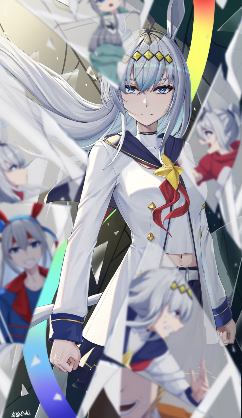 2girls absurdres animal_ears artist_name belt blouse blue_eyes blue_sailor_collar blue_skirt blurry broken_glass brooch chinese_commentary closed_mouth commentary frown glass grayfoxpochi grey_hair hair_ornament highres horse_ears horse_girl horse_tail jewelry long_hair looking_at_viewer midriff miniskirt mixed-language_commentary multiple_girls navel neckerchief oguri_cap_(umamusume) pleated_skirt red_neckerchief sailor_collar shirt signature skirt solo_focus standing star_brooch tail tamamo_cross_(umamusume) umamusume white_belt white_shirt wind