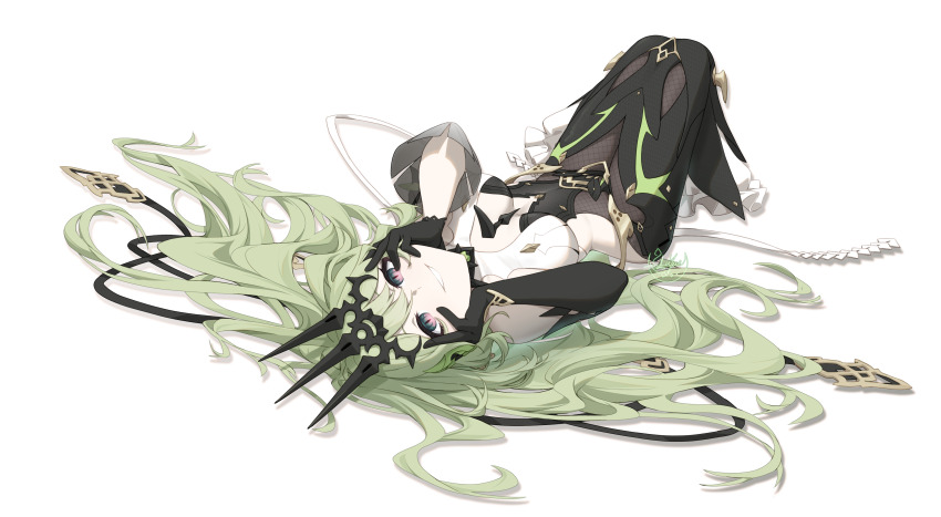 1girl absurdres asymmetrical_gloves black_dress black_gloves black_tiara breasts center_opening commentary_request dress elbow_gloves full_body gloves green_eyes green_hair hair_spread_out hands_on_own_face highres honkai_(series) honkai_impact_3rd knees_up long_dress long_hair looking_at_viewer luyue lying medium_breasts mobius_(honkai_impact) multicolored_eyes on_back parted_lips pink_eyes sideless_dress simple_background single_elbow_glove slit_pupils smile solo tiara two-tone_eyes uneven_gloves very_long_hair white_background