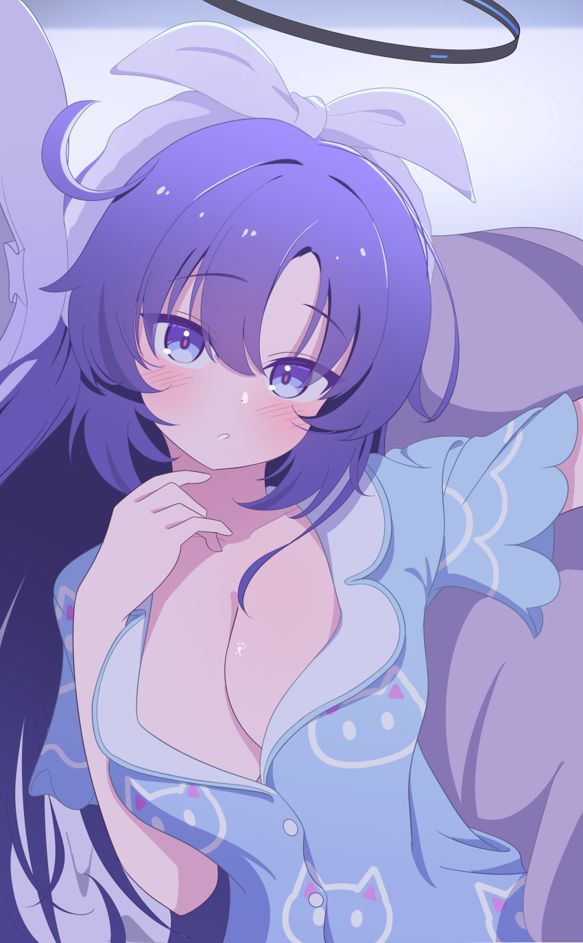 1girl :o absurdres animal_print black_halo blue_archive blue_pajamas blue_shirt blush breasts cat_print cleavage commentary fortysansan hairband halo highres large_breasts long_hair looking_at_viewer mechanical_halo no_bra official_alternate_costume official_alternate_hairstyle pajamas purple_eyes purple_hair shirt solo white_hairband yuuka_(blue_archive) yuuka_(pajamas)_(blue_archive)