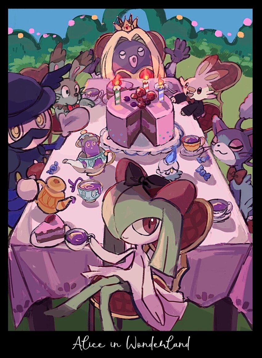 alice_in_wonderland anzu_(01010611) black_bow blonde_hair bow bowtie bunnelby cake cake_slice candle clothed_pokemon colored_skin crown facial_hair food gen_1_pokemon gen_3_pokemon gen_4_pokemon gen_5_pokemon gen_6_pokemon gen_8_pokemon glameow green_hair green_skin hair_bow hair_over_one_eye highres horns jynx kirlia litwick looking_at_viewer mr._rime multicolored_fur multicolored_skin mustache nintendo pokemon pokemon_(creature) polteageist purple_skin rare_candy red_bow red_bowtie scorbunny sidelocks sinistea smile two-tone_skin white_fur white_skin