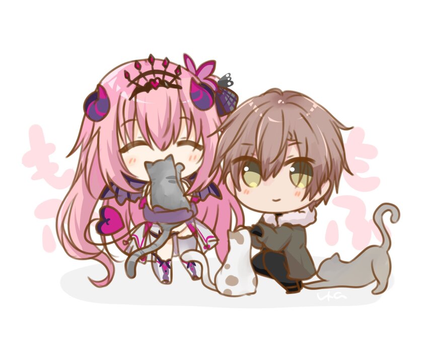 ^_^ animal anneliese blush brown_hair cat chibi chibi_only closed_eyes closed_mouth coat commentary demon_girl demon_horns demon_tail demon_wings eyes_visible_through_hair fur-trimmed_coat fur_trim green_eyes grey_cat hair_between_eyes hair_ribbon happy heart highres holding holding_animal holding_cat horns kimagure_temptation kimagure_temptation_2 kneeling long_hair looking_at_viewer petting pink_hair ribbon short_hair simple_background smile standing symbol-only_commentary tail tatsumi_haruhisa tiara ura_(ura-tennislove) very_long_hair white_background white_cat wings