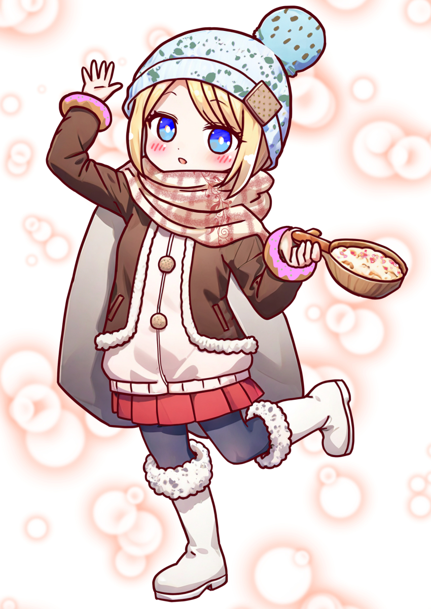 1girl absurdres beanie blonde_hair blue_eyes blush boots commentary_request donut food food-themed_clothes frying_pan full_body fur-trimmed_boots fur-trimmed_jacket fur_trim hand_up hat highres holding holding_frying_pan jacket kagamine_rin long_sleeves looking_at_viewer mint_chocolate okiraku_yoshiya open_mouth pantyhose pleated_skirt pom_pom_(clothes) pom_pom_beanie scarf skirt smile solo standing standing_on_one_leg vocaloid