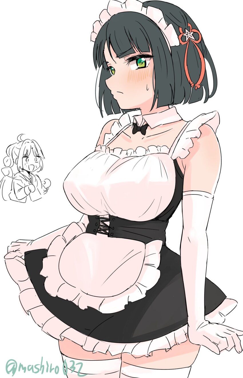 1girl 2girls :d alternate_costume anyoji_hime bare_shoulders black_bow black_bowtie black_dress black_hair blunt_bangs blunt_ends blush bob_cut bow bowtie breasts closed_mouth collarbone commentary cowboy_shot detached_collar dress elbow_gloves enmaided ereka flower flower_knot frilled_dress frills frown gloves green_eyes hair_flower hair_intakes hair_ornament highres hood hooded_jacket jacket large_breasts link!_like!_love_live! long_hair looking_at_viewer love_live! maid maid_headdress momose_ginko multi-tied_hair multiple_girls open_clothes open_jacket open_mouth ponytail short_dress short_hair sidelocks sideways_mouth simple_background skirt_hold sleeveless sleeveless_dress smile solo solo_focus sweatdrop thighhighs traditional_bowtie virtual_youtuber white_background white_gloves white_thighhighs zettai_ryouiki