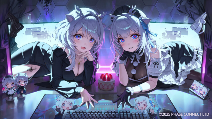 2girls animal_ears antlers apron bare_shoulders black_dress black_gloves black_headdress black_shoes blue_eyes breasts cake character_doll cleavage computer_keyboard copyright_notice deer_antlers deer_ears deer_girl doll dress dual_persona food frilled_dress frills gloves grey_hair hakushika_iori heart heart-shaped_pupils hexagon horns leg_tattoo looking_at_viewer maid maid_headdress medium_hair monitor multiple_girls muna_1414 official_art open_mouth parted_lips phase_connect shoes strawberry_shortcake symbol-shaped_pupils tattoo through_medium through_screen virtual_youtuber white_apron white_shoes