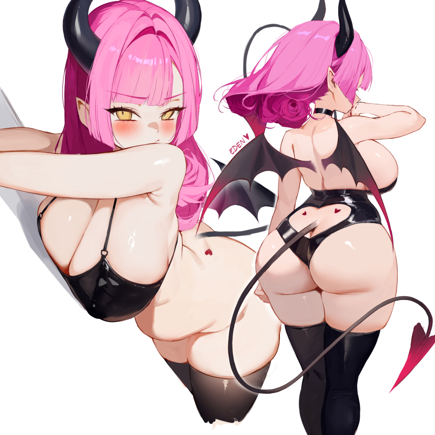 1girl ass back_tattoo black_choker black_thighhighs blush bottomless breasts butt_crack choker clothing_cutout cropped_legs curvy demon_horns demon_tail demon_wings eden_(shiroki_yuutsu) gluteal_fold heart heart_cutout heart_tattoo highres horns large_breasts long_hair looking_at_viewer lying multiple_views on_stomach original pink_hair pointy_ears simple_background tail tattoo thighhighs tramp_stamp v-shaped_eyebrows vanilla_(eden_(shiroki_yuutsu)) white_background wings yellow_eyes