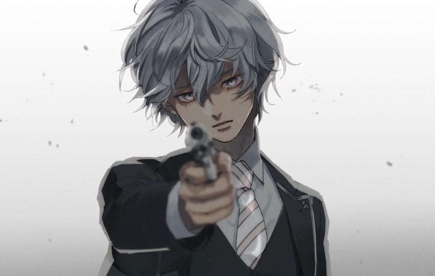 1boy aiming aiming_at_viewer black_jacket collared_shirt commission foreshortening formal_clothes gradient_background grey_eyes grey_shirt gun hair_between_eyes handgun highres holding holding_gun holding_weapon jacket kurosujuu looking_at_viewer male_focus necktie original parted_lips shirt short_hair skeb_commission solo striped_necktie upper_body weapon