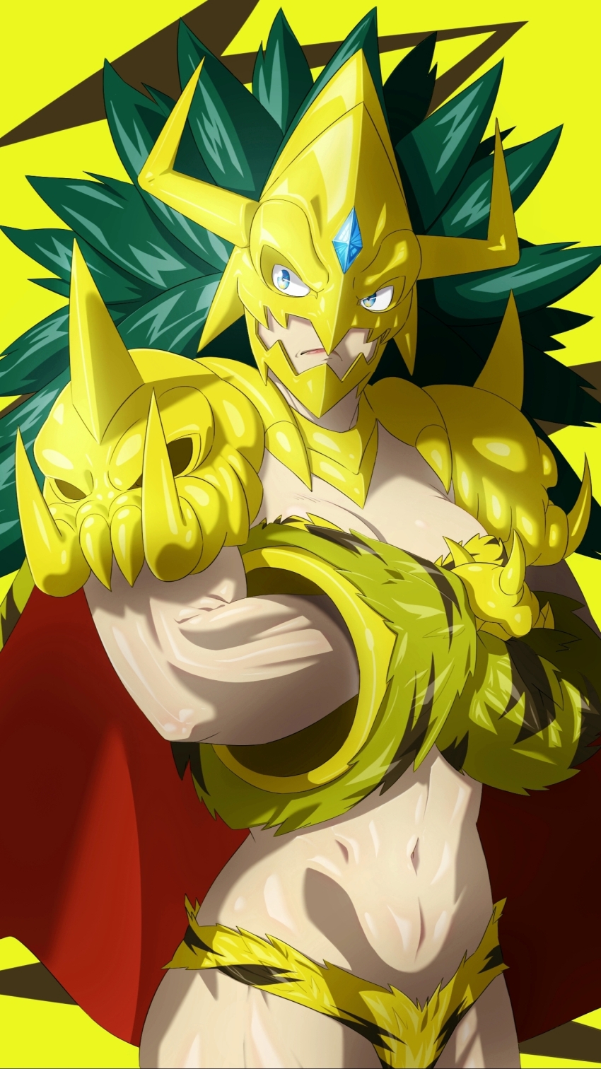 1girl animal_print armor bikini blue_eyes blue_gemstone breasts cape cleavage commentary_request crossed_arms digimon digimon_(creature) frown gauntlets gem gloves green_hair highres horned_mask kinkakumon large_breasts long_hair looking_to_the_side mask muscular muscular_female navel partial_commentary red_cape solo spiked_hair standing stomach strapless strapless_bikini swimsuit taira_(tairamon) tiger_print toned toned_female very_long_hair yellow_armor yellow_background yellow_bikini yellow_gloves