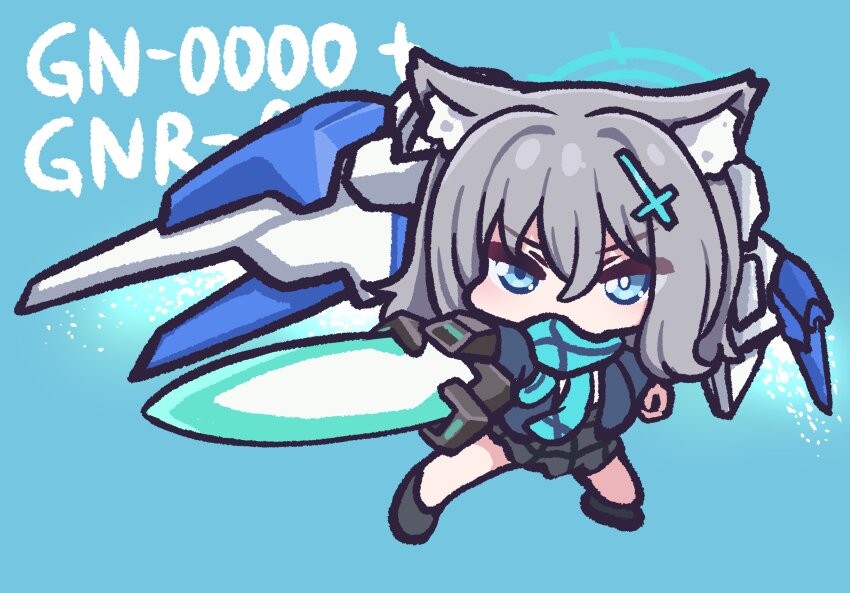 00_raiser 1girl absurdres animal_ear_fluff animal_ears arm_blade black_shoes black_skirt blue_archive blue_background blue_eyes blue_halo blue_jacket blue_scarf bright_pupils chibi chibi_only commentary_request covered_mouth cross cross_hair_ornament exhaust grey_hair gundam gundam_00 hair_between_eyes hair_ornament halo highres inverted_cross jacket legs_apart looking_at_viewer medium_hair mismatched_pupils open_clothes open_jacket panatisia plaid_clothes plaid_skirt scarf school_uniform shiroko_(blue_archive) shoes skirt solo weapon white_pupils wolf_ears