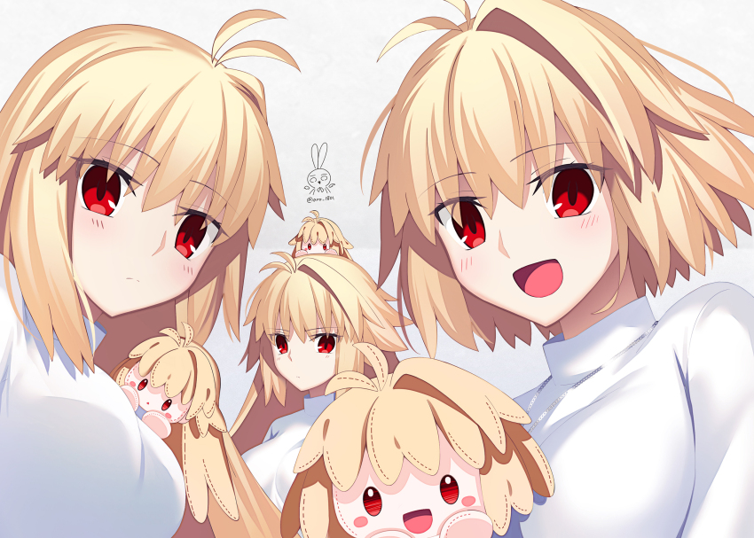 3girls alternate_hairstyle arcueid_brunestud aro_1801 blonde_hair blush breasts commentary_request group_picture highres jewelry large_breasts long_hair looking_at_viewer multiple_girls pendant red_eyes short_hair simple_background stuffed_toy sweater tsukihime tsukihime_(remake) upper_body white_background white_sweater