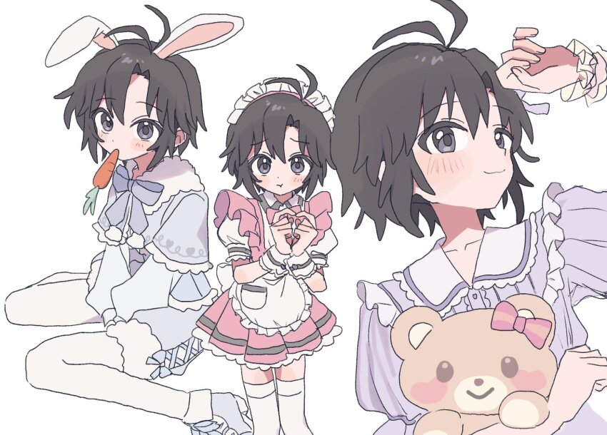 1girl animal_ears antenna_hair apron arm_up arms_between_legs black_eyes black_hair blue_bow blue_bowtie blue_capelet blue_shorts blush bow bowtie capelet carrot closed_mouth cross-laced_clothes cross-laced_shorts dress fairy_tale_girly_(idolmaster) food_in_mouth fur-trimmed_shorts fur_trim highres holding holding_stuffed_toy holding_teddy_bear idolmaster idolmaster_(classic) idolmaster_million_live! idolmaster_million_live!_theater_days index_fingers_together kikuchi_makoto long_sleeves looking_at_viewer maid_headdress multiple_views official_alternate_costume pajamas pantyhose pink_bow pink_bowtie pink_dress pnt_0202 pretty_waitress_(idolmaster) puffy_short_sleeves puffy_sleeves purple_pajamas pyonpyon_rabbit_(idolmaster) rabbit_ears short_hair short_sleeves shorts simple_background sitting smile standing stuffed_animal stuffed_toy teddy_bear thighhighs waist_apron white_apron white_background white_pantyhose white_thighhighs white_wrist_cuffs wrist_cuffs