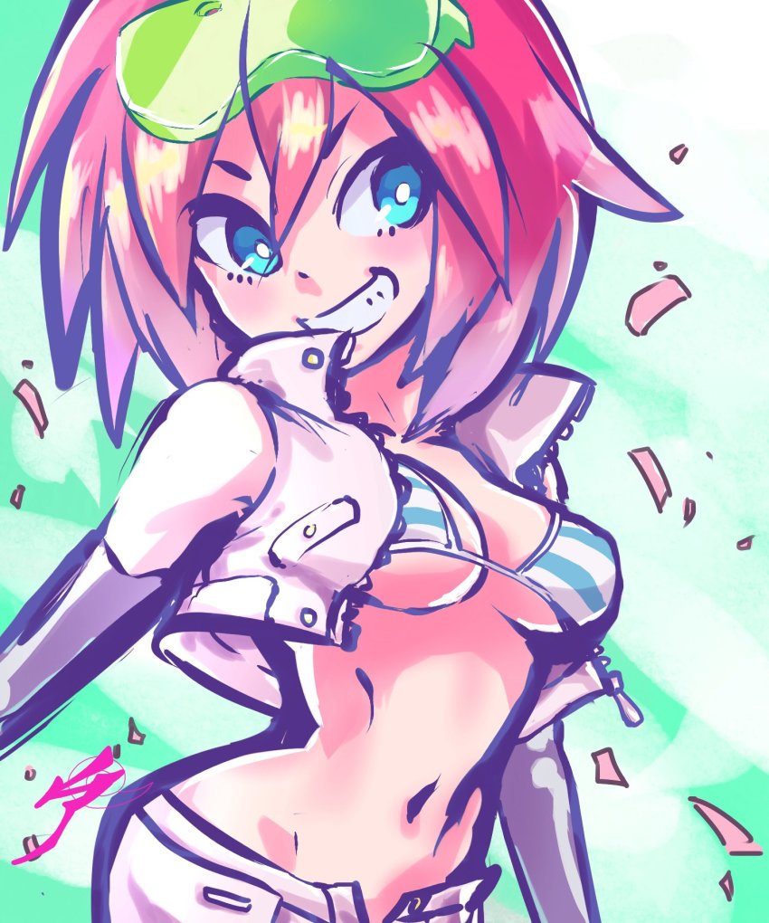 1girl aetherion aqua_eyes breasts fictional_persona highres luluco medium_breasts red_hair trigger-chan uchuu_patrol_luluco wide_hips