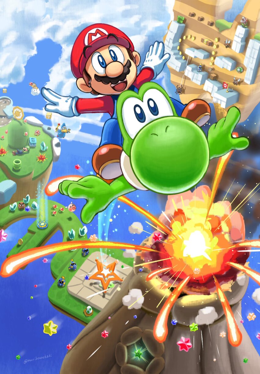 ?_block artist_name blue_eyes brick_block cloud coin crystal facial_hair flag flagpole flying gloves goomba hat highres lakitu launch_star_(mario) luigi magikoopa maribou_(supermaribou) mario mario_(series) mustache nintendo octoomba paragoomba piranha_plant red_hat smeech spangler spiny spiny_egg star_(symbol) star_bit super_mario_galaxy_2 super_star_(mario) trampoline_(mario) volcano warp_pipe water white_gloves yoshi yoshi_egg