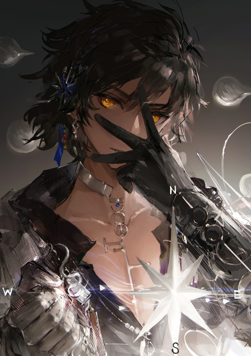 1boy absurdres arknights black_gloves black_hair black_shirt bubble chinese_commentary collarbone collared_shirt commentary compass covering_face dark-skinned_male dark_skin earrings gloves gradient_background grey_background hair_between_eyes hair_ornament highres jewelry looking_at_viewer male_focus messy orange_eyes partially_unbuttoned qiang45042 shirt short_hair silver_earrings solo thorns_(arknights) thorns_the_lodestar_(arknights) upper_body
