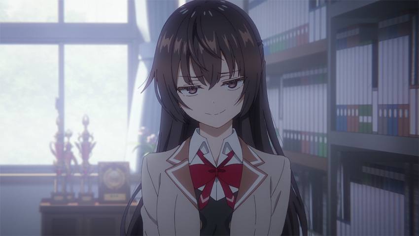 1girl anime_screenshot black_hair blazer bookshelf bow bowtie buttons closed_mouth collared_shirt double-breasted grey_jacket indoors jacket lapels long_hair looking_at_viewer notched_lapels official_art open_clothes open_jacket purple_eyes red_bow red_bowtie school_uniform seiren_academy_school_uniform shirt smile suou_yuki tokidoki_bosotto_roshia-go_de_dereru_tonari_no_alya-san upper_body wing_collar