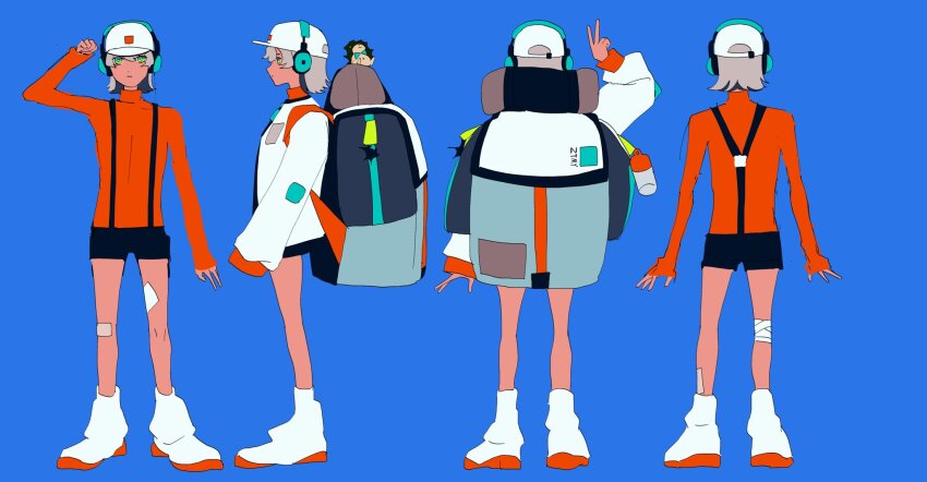 1boy 4girls ankle_boots arm_at_side arms_at_sides backpack bag bandaged_knees bandaid bandaid_on_knee bandaid_on_leg baseball_cap black_outline black_shorts black_suspenders boots bow bowtie breast_pocket bright_pupils brown_fur clothes_on_and_off collar collared_sweater color_guide colored_inner_hair commentary_request concept_art contrast_collar dark-skinned_female dark_skin dual_persona expressionless facing_away facing_to_the_side facing_viewer flat_color from_behind from_side full_body green_bow green_bowtie green_eyes green_headphones grey_hair hat headphones hedgehog hedgehog_boy highres jacket jpeg_artifacts jyagaricoeater large_bag legs_apart long_sleeves looking_at_viewer multicolored_bag multicolored_hair multiple_girls multiple_views nira-chan nira-chan_(quilt)_(zutomayo) official_art orange_collar orange_sleeve_cuffs orange_sleeves orange_sweater outline pocket print_bag print_hat production_art profile puffy_long_sleeves puffy_sleeves quilt_(zutomayo) short_hair short_shorts shorts single_sleeve_past_fingers sleeve_cuffs sleeves_past_wrists square_print standing suspender_shorts suspenders sweater text_print turnaround turtleneck turtleneck_sweater uniguri_(zutomayo) v white_footwear white_hat white_jacket white_pupils white_sleeves zutto_mayonaka_de_ii_no_ni