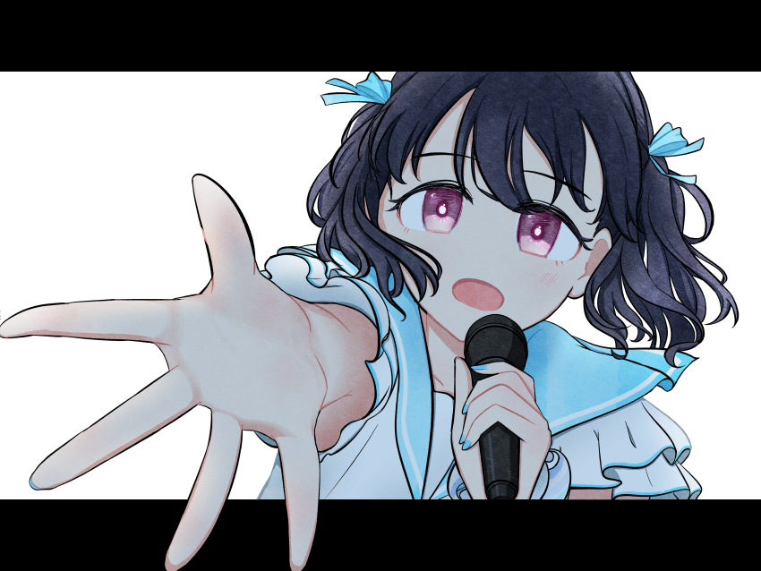 1girl :o absurdres banana_zarigani beckoning black_hair blue_sailor_collar bright_pupils clear_marine_calm_(idolmaster) commentary_request fukumaru_koito highres holding holding_microphone idolmaster idolmaster_shiny_colors letterboxed medium_hair microphone nail_polish sailor_collar shirt simple_background solo twintails upper_body white_background white_pupils white_shirt