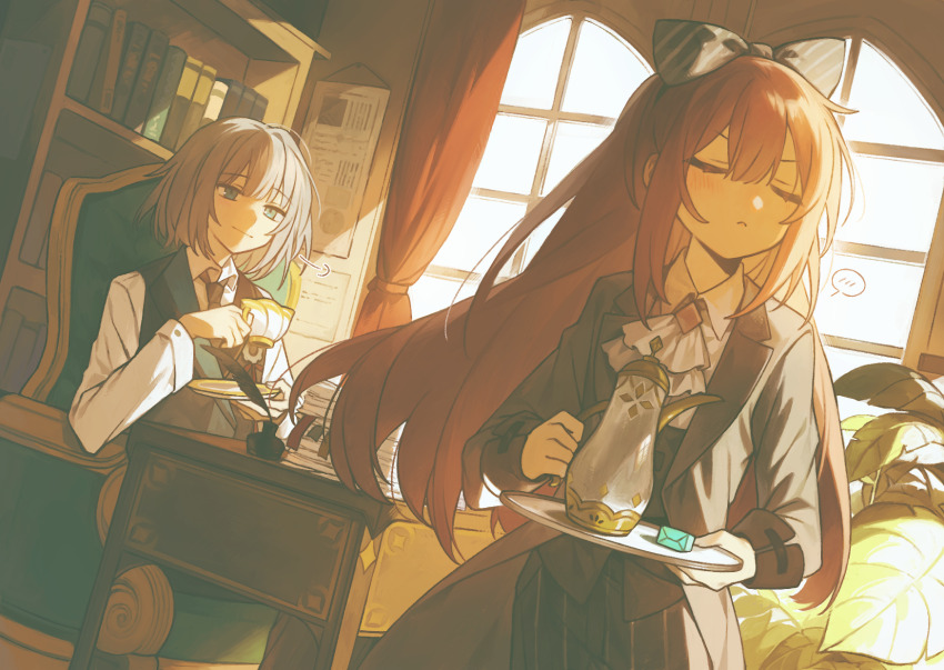 2girls :&lt; artist_request ascot black_pants blue_eyes bob_cut bookshelf borrowed_character bow chair closed_eyes closed_mouth coat coattails collared_shirt commission cup curtains day desk double-parted_bangs grey_coat grey_hair hair_bow highres holding holding_cup holding_plate holding_tray indoors inkwell lapels light_smile long_hair long_sleeves multiple_girls on_chair original pants paper_stack pinstripe_pants pinstripe_pattern plant plate quill red_hair second-party_source shirt sitting spoken_blush standing sunlight teacup teapot tray vest white_ascot white_shirt window wing_collar