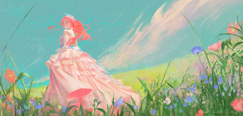 1girl absurdres bare_shoulders blue_flower blue_sky chinese_commentary closed_eyes closed_mouth cloud commentary_request dated day detached_sleeves dress fairytale_swan_(infinity_nikki) feather_hair_ornament feathers field floating_hair flower flower_field full_body gown hair_ornament highres infinity_nikki jewelry lace_sleeves light_blush lipstick long_dress long_hair makeup necklace nikki_(nikki) nikki_(series) outdoors pink_dress pink_hair red_flower red_lips shi_sebai_haoyun_lailailai signature sky smile solo standing strapless strapless_dress very_long_hair white_sleeves