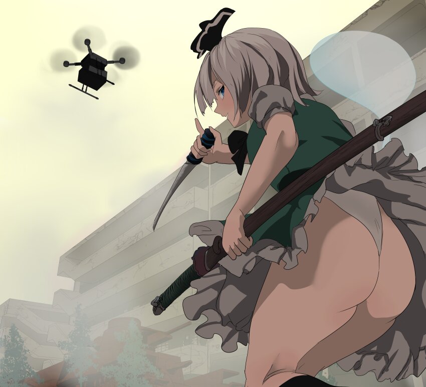 1girl absurdres ass black_bow black_bowtie black_ribbon black_socks blue_eyes bow bowtie collared_shirt commentary_request drone green_skirt green_vest hairband highres katana kneehighs konpaku_youmu konpaku_youmu_(ghost) looking_back panties puffy_short_sleeves puffy_sleeves ribbon shirt short_hair short_sleeves skirt smile socks solo sword textless_version touhou underwear upskirt vest wakizashi weapon white_hair white_panties white_shirt yuri_kowashi_(tetsukabuto_nuranura)