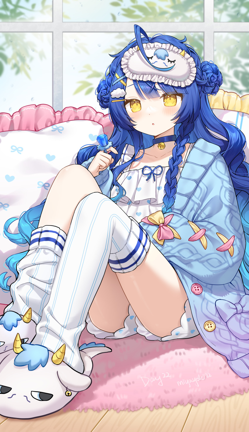 1girl :o absurdres ahoge amamiya_kokoro amamiya_kokoro_(6th_costume) bell blue_cardigan blue_hair blush braided_sidelock cable_knit cardigan choker commentary_request double_bun eye_mask gradient_cardigan gradient_hair hair_bun highres long_hair looking_at_viewer miyayoki multicolored_hair neck_bell nijisanji pajamas pillow pink_cardigan ring_pop rug slippers socks solo thighs tree very_long_hair virtual_youtuber wavy_hair white_socks window wooden_floor yellow_eyes