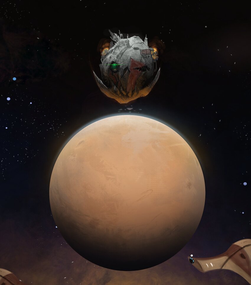 absurdres alien armor artificial_eye attack_moon_(wh40k) commentary english_commentary fangs fire glowing glowing_eye green_eyes highres mechanical_eye megastructure moon no_humans one-eyed orc ork_(warhammer) planet scenery science_fiction skull sky space spacecraft star_(sky) starry_sky t&#039;au thefearmaster tusks warhammer_40k