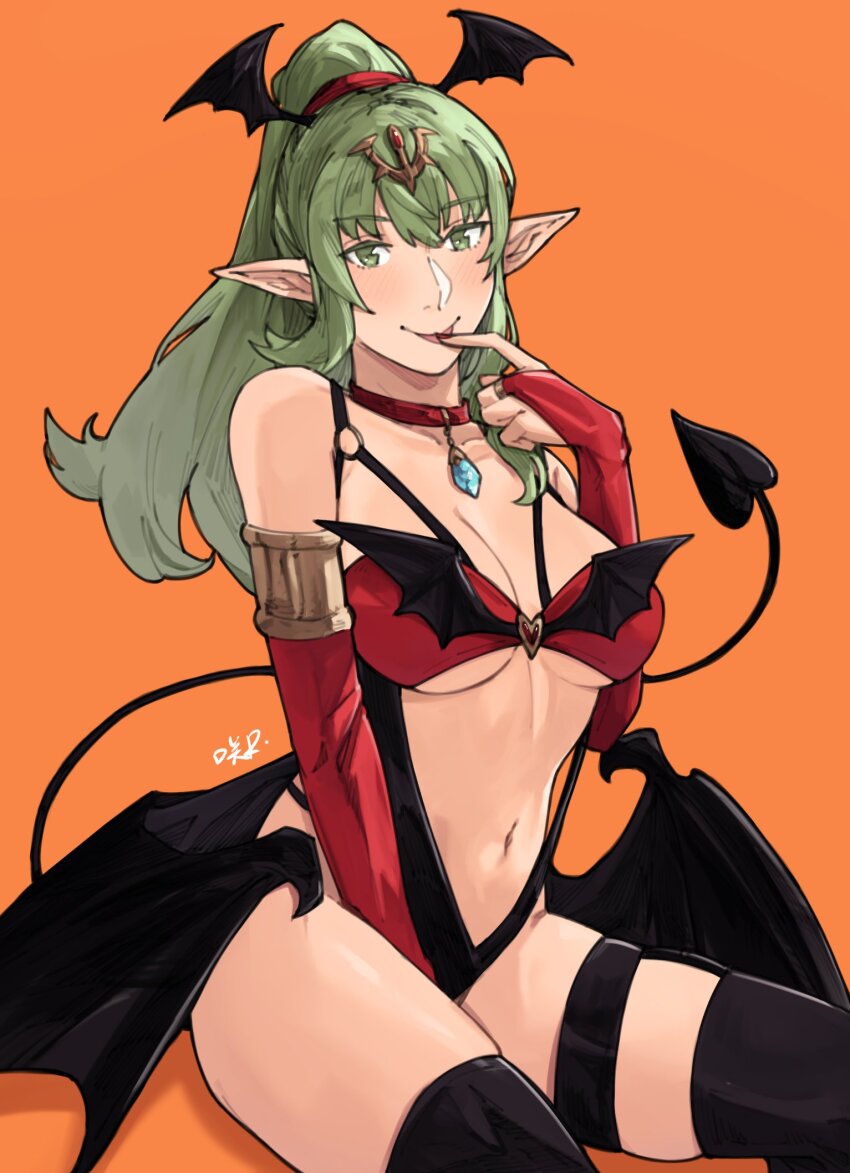 1girl alternate_costume bare_shoulders black_thighhighs blush breasts bridal_gauntlets closed_mouth commentary demon_girl demon_tail demon_wings detached_sleeves english_commentary finger_to_mouth fingernails fire_emblem fire_emblem_awakening green_eyes green_hair hair_between_eyes hair_ornament head_wings heart heart-shaped_pupils highres large_breasts long_hair looking_at_viewer navel nintendo orange_background pointy_ears ponytail red_nails red_sleeves revealing_clothes sakuremi seductive_smile signature simple_background sitting smile solo stomach symbol-shaped_pupils tail thighhighs tiki_(adult)_(fire_emblem) tiki_(fire_emblem) tongue tongue_out wings