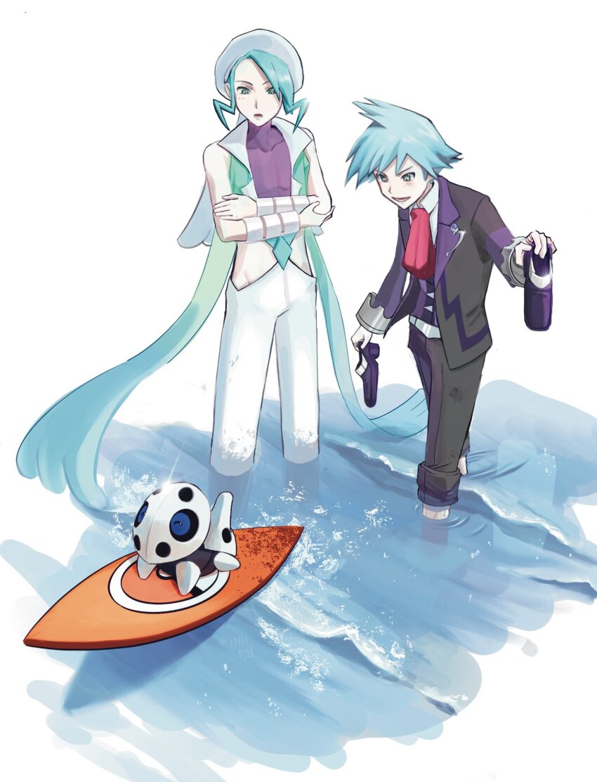 2boys aron black_pants blue_eyes blue_hair collared_shirt game_freak gen_3_pokemon green_eyes green_hair green_shirt hat highres holding holding_footwear holding_unworn_clothes i1lli_1i2l male_focus multiple_boys necktie nintendo open_mouth pants pokemon pokemon_(creature) pokemon_oras purple_footwear purple_shirt purple_vest red_necktie shirt simple_background steven_stone surfboard unworn_footwear vest wallace_(pokemon) water white_background white_hat white_pants white_shirt