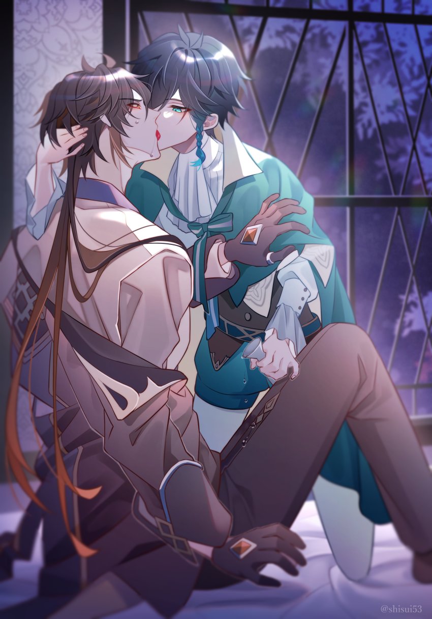 2boys absurdres antenna_hair argyle_clothes argyle_legwear black_gloves black_pants blue_eyes blue_hair blush braid brown_hair buttons cape choko_(cup) coat_of_arms commentary_request cup drunk eyeliner fingernails french_kiss genshin_impact gloves gradient_hair green_cape green_headwear green_shorts hair_tie hand_in_another&#039;s_hair highres kiss long_sleeves low_ponytail makeup multicolored_hair multiple_boys orange_eyes pants ponytail red_eyeliner saliva shisui53 short_hair_with_long_locks shorts sitting sweatdrop thumb_ring twin_braids twitter_username venti_(genshin_impact) white_legwear yaoi zhongli_(genshin_impact)