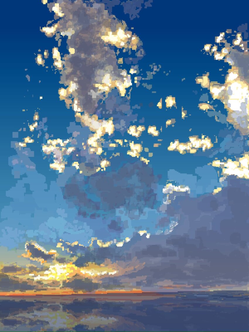blue_sky cloud cloudy_sky glowing highres hisachan55cute horizon no_humans original outdoors pixel_art reflection reflective_water scenery sky sky_focus sunrise