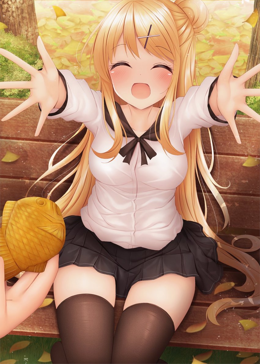 1girl :o ^_^ autumn_leaves bench black_neckwear black_skirt black_thighhighs blonde_hair blush closed_eyes commentary_request fish food from_above hair_bun hair_ornament half_updo highres kin-iro_mosaic kujou_karen leaf long_hair long_sleeves minato_ojitan miniskirt open_mouth outstretched_arms park_bench pleated_skirt pov pov_hug shirt side_bun single_hair_bun single_side_bun sitting skirt swept_bangs taiyaki thighhighs thighs tree wagashi white_shirt x_hair_ornament