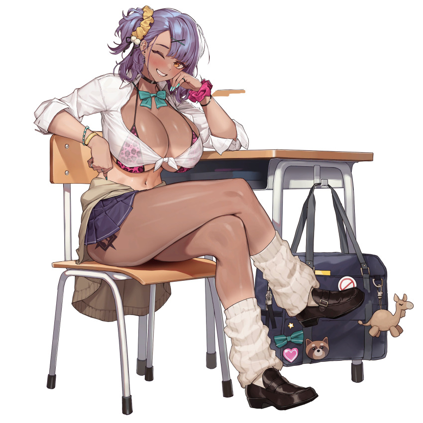 1girl amesuku_gyaru animal_print aqua_bow aqua_bowtie aqua_nails bare_legs bead_bracelet beads bikini bikini_under_clothes black_choker black_ribbon black_shoes blue_bag blue_skirt blush bow bowtie bracelet breasts camel cardigan cardigan_around_waist chair choker cleavage clothes_around_waist collarbone collared_shirt cropped_shirt crossed_legs dark-skinned_female dark_skin desk ear_piercing earrings fingernails full_body green_ribbon grin gyaru hair_ornament hair_ribbon hair_scrunchie hairclip hand_on_own_cheek hand_on_own_face head_rest heart_pin highres huge_breasts jewelry kogal last_origin leg_tattoo leopard_print linea_alba loafers long_fingernails looking_at_viewer loose_socks miniskirt multiple_rings nail_polish navel navel_piercing no_entry_sign official_alternate_costume official_art one_eye_closed one_side_up open_clothes open_shirt orange_eyes piercing pink_bikini pink_scrunchie pleated_skirt pom_pom_(clothes) pom_pom_hair_ornament purple_hair quick_camel ribbon ring road_sign school_chair school_desk school_uniform scrunchie see-through_clothes see-through_shirt shirt shirt_tan shoes short_hair sign simple_background sitting skindentation skirt smile socks solo star_pin string_bikini striped_clothes striped_socks stuffed_animal stuffed_toy swimsuit tachi-e tan tanline tanuki tattoo thighs third-party_source tied_shirt transparent_background tunamayo_(dsasd751) vertical-striped_clothes vertical-striped_socks white_shirt white_socks wrist_scrunchie x_hair_ornament yellow_cardigan yellow_scrunchie