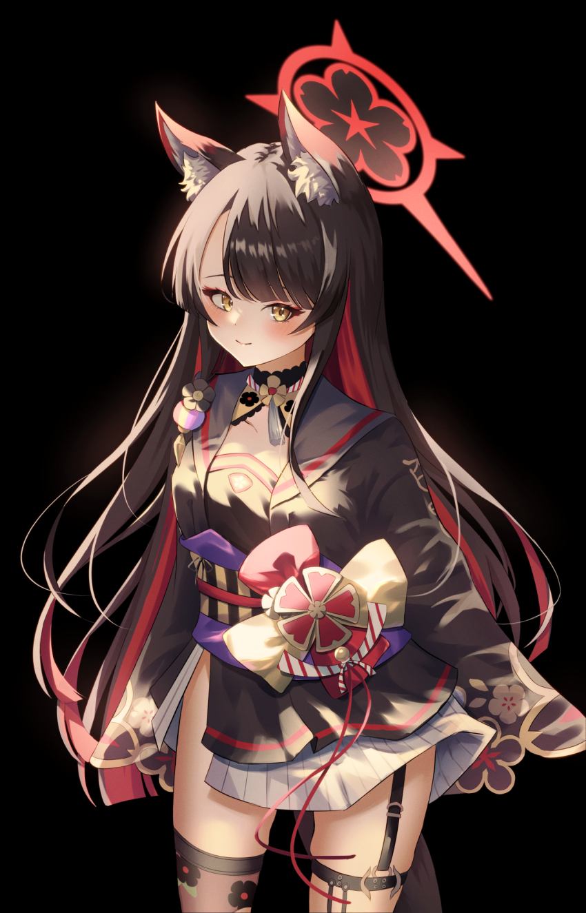 animal_ear_fluff animal_ears arms_at_sides black_background black_hair black_serafuku blue_archive blush_stickers eyeshadow fall_(5754478) fox_ears garter_straps highres long_hair long_sleeves looking_at_viewer makeup miniskirt obi sash school_uniform serafuku simple_background single_garter_strap skirt smile standing thighhighs thighs very_long_hair wakamo_(blue_archive) yellow_eyes