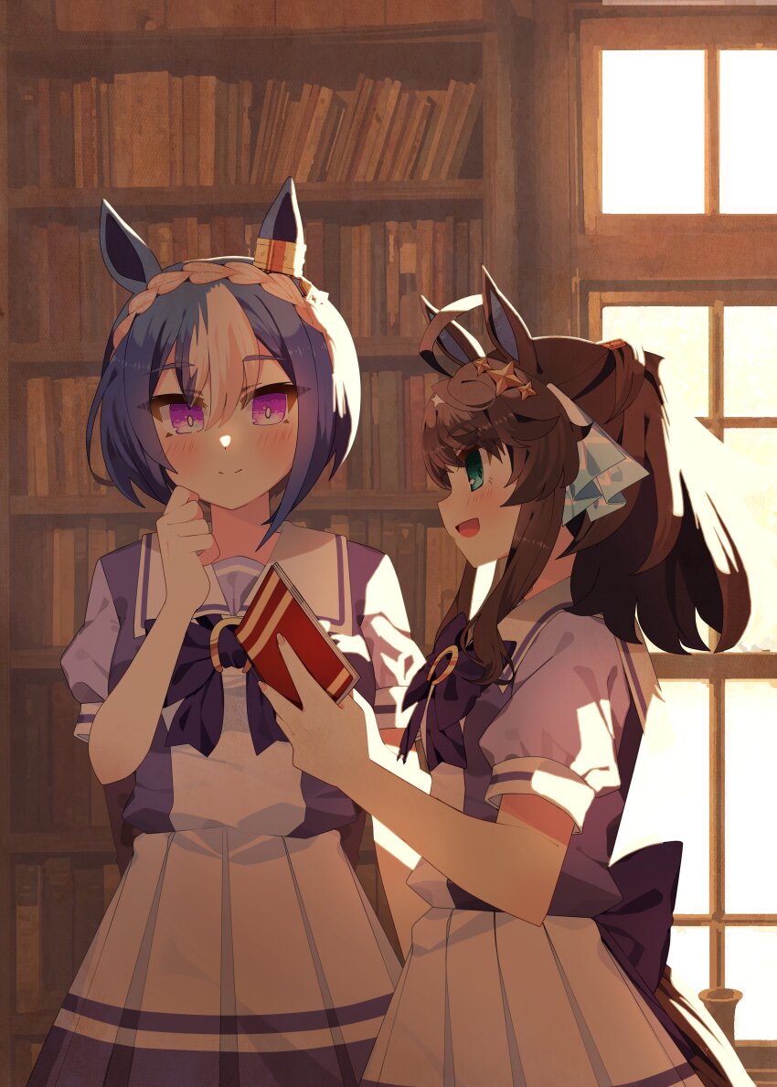 2girls absurdres amane_hikari animal_ears black_hair blue_eyes blue_hair blush bookshelf braid cesario_(umamusume) daring_tact_(umamusume) hair_between_eyes hair_ornament highres horse_ears horse_tail looking_at_viewer multiple_girls purple_eyes school_uniform smile star_(symbol) star_hair_ornament tail tracen_school_uniform umamusume window