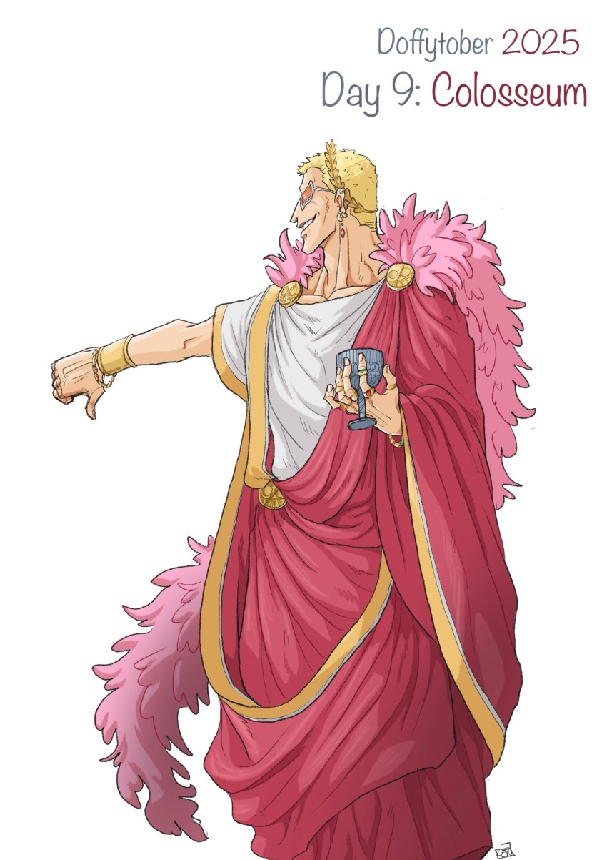 1boy armlet blonde_hair chalice coat cup donquixote_doflamingo earrings english_text feet_out_of_frame gold_armlet greco-roman_clothes highres inktober jewelry male_focus multiple_rings one_piece pink_coat profile ring roman_clothes shirt short_hair smile sunglasses thumbs_down toga tuquidflamingo white_background white_shirt