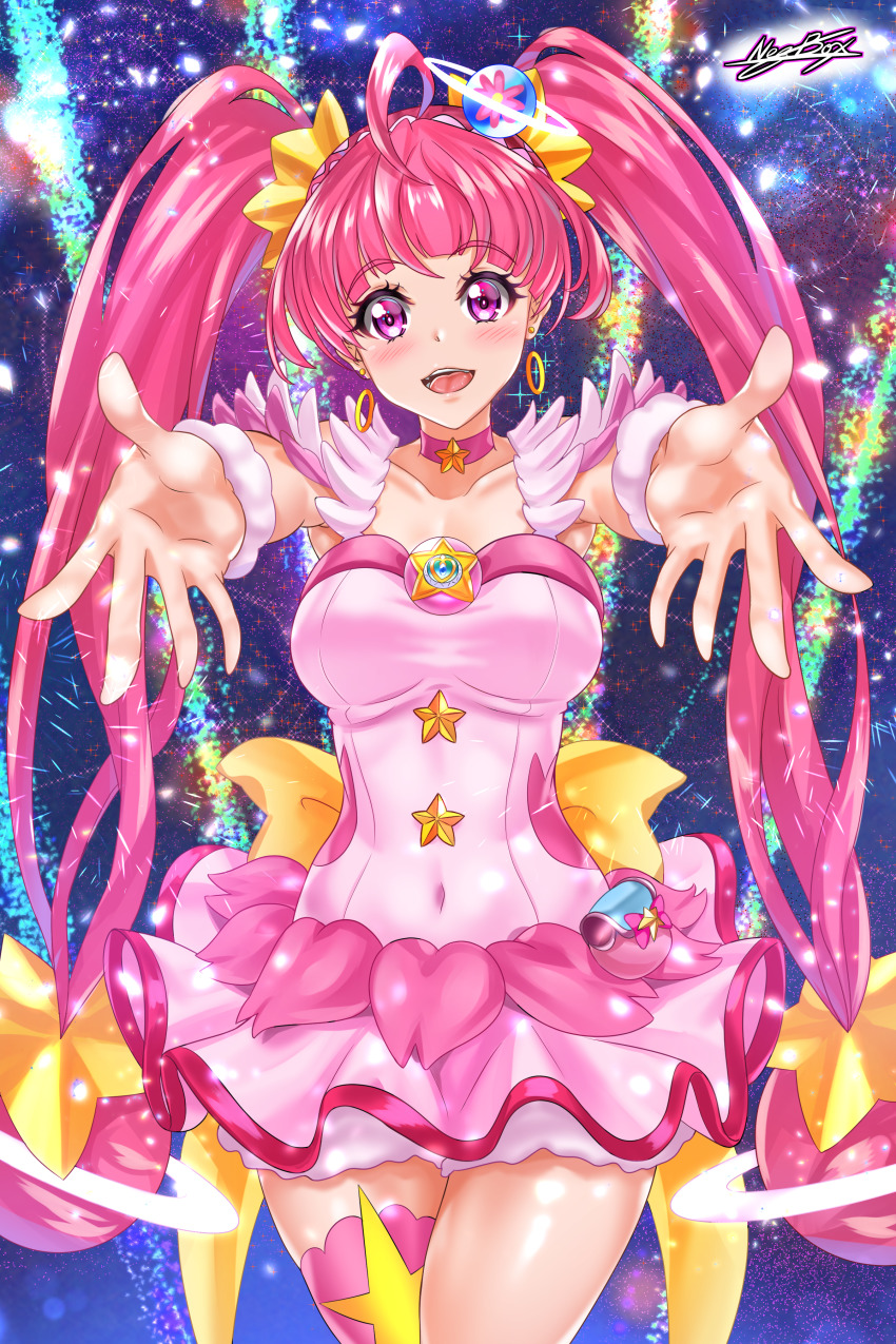 1girl :d abstract_background absurdres ahoge asymmetrical_legwear back_bow blush bow breasts choker collarbone covered_navel cowboy_shot cure_star dress earrings female_focus hair_ornament happy head_tilt highres hoop_earrings hoshina_hikaru jewelry legs long_hair looking_at_viewer magical_girl medium_breasts neck necklace nez-box open_mouth outstretched_arms bad_tag pink_dress pink_eyes pink_hair pink_neckwear pink_thighhighs precure single_thighhigh smile solo standing star_(symbol) star_hair_ornament star_necklace star_twinkle_precure thighhighs twintails uneven_legwear very_long_hair yellow_bow