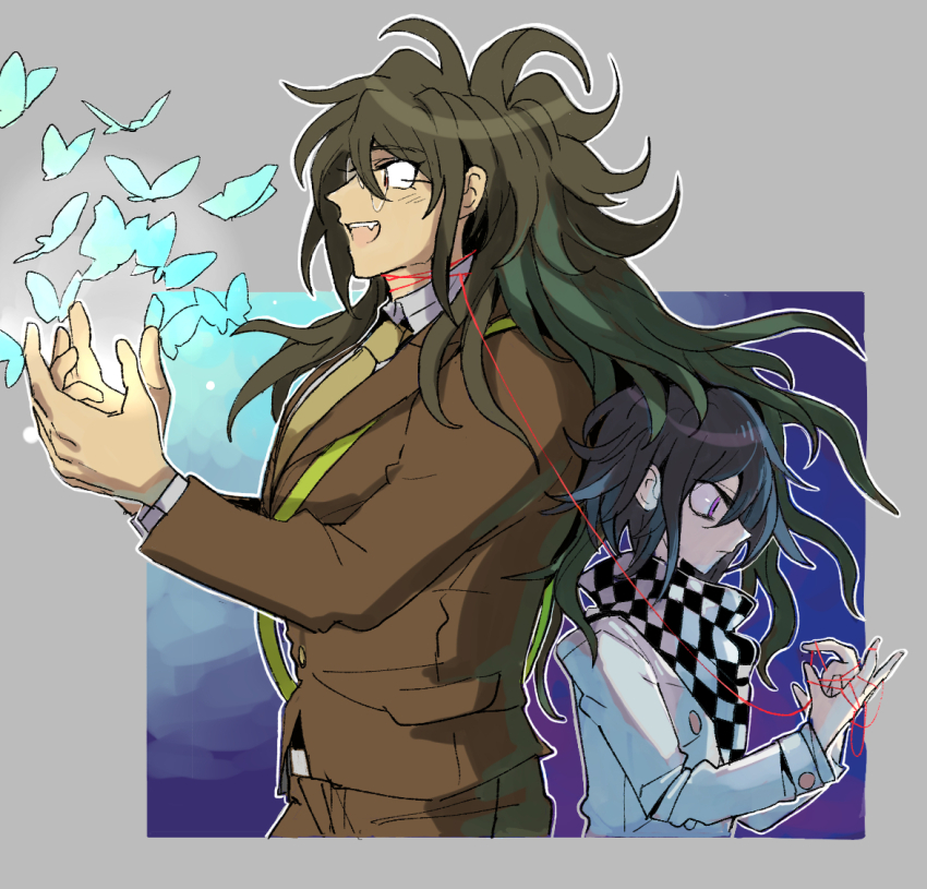 2boys back-to-back black_hair brown_jacket brown_necktie brown_pants bug butterfly checkered_clothes checkered_scarf danganronpa_(series) danganronpa_v3:_killing_harmony fang glasses gokuhara_gonta hair_between_eyes insect jacket kumakoro_(tetsupag) long_sleeves male_focus messy_hair multiple_boys necktie oma_kokichi open_mouth pants purple_eyes scarf shirt skin_fang string string_of_fate white_shirt
