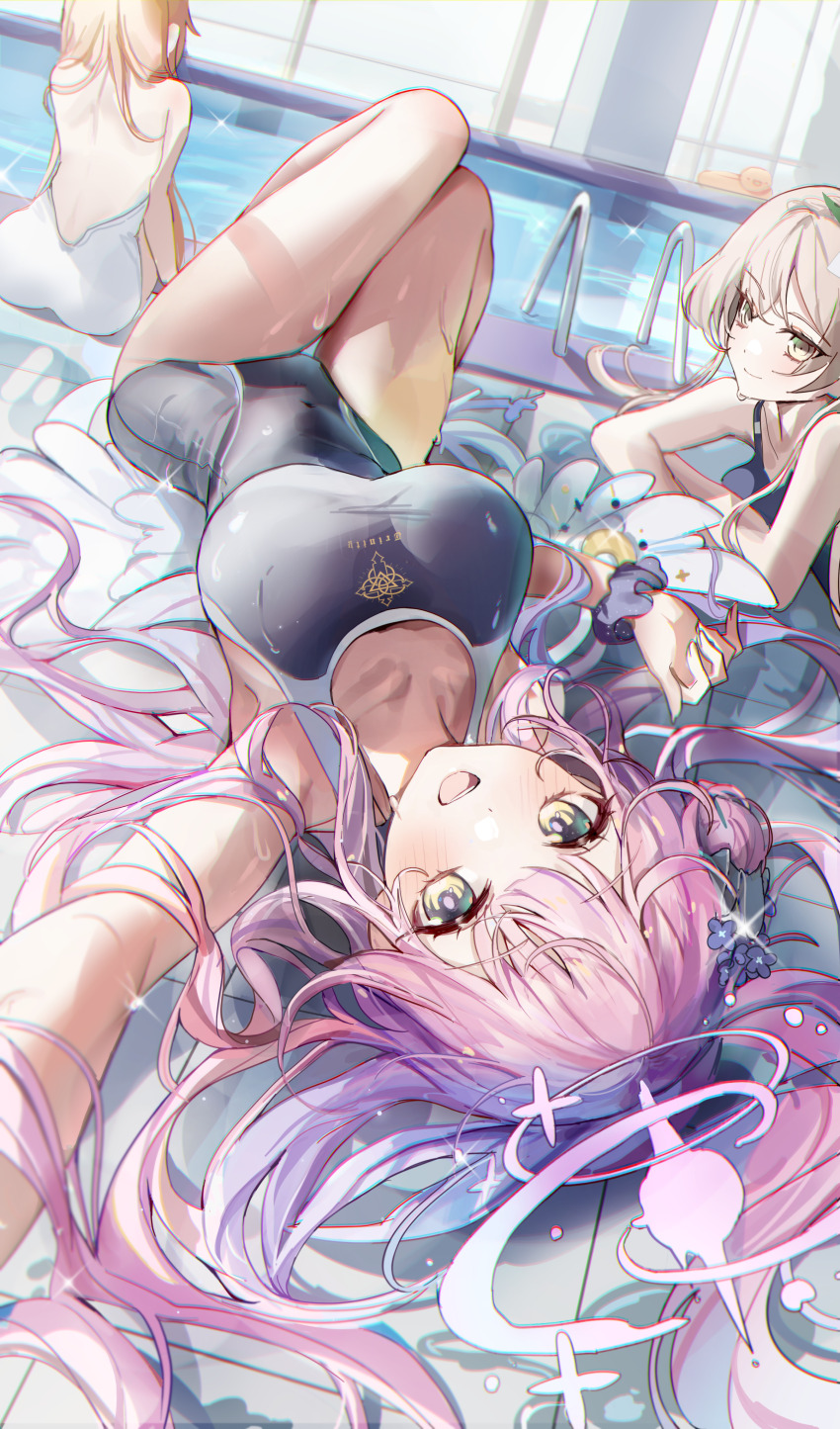 3girls :d absurdres blue_archive blue_one-piece_swimsuit blush breasts collarbone halo highres large_breasts long_hair looking_at_viewer lying mika_(blue_archive) multiple_girls mungduck nagisa_(blue_archive) on_back one-piece_swimsuit open_mouth outstretched_arm pink_hair pink_halo poolside seia_(blue_archive) sitting smile swimsuit trinity_general_school_logo trinity_general_school_swimsuit very_long_hair water yellow_eyes
