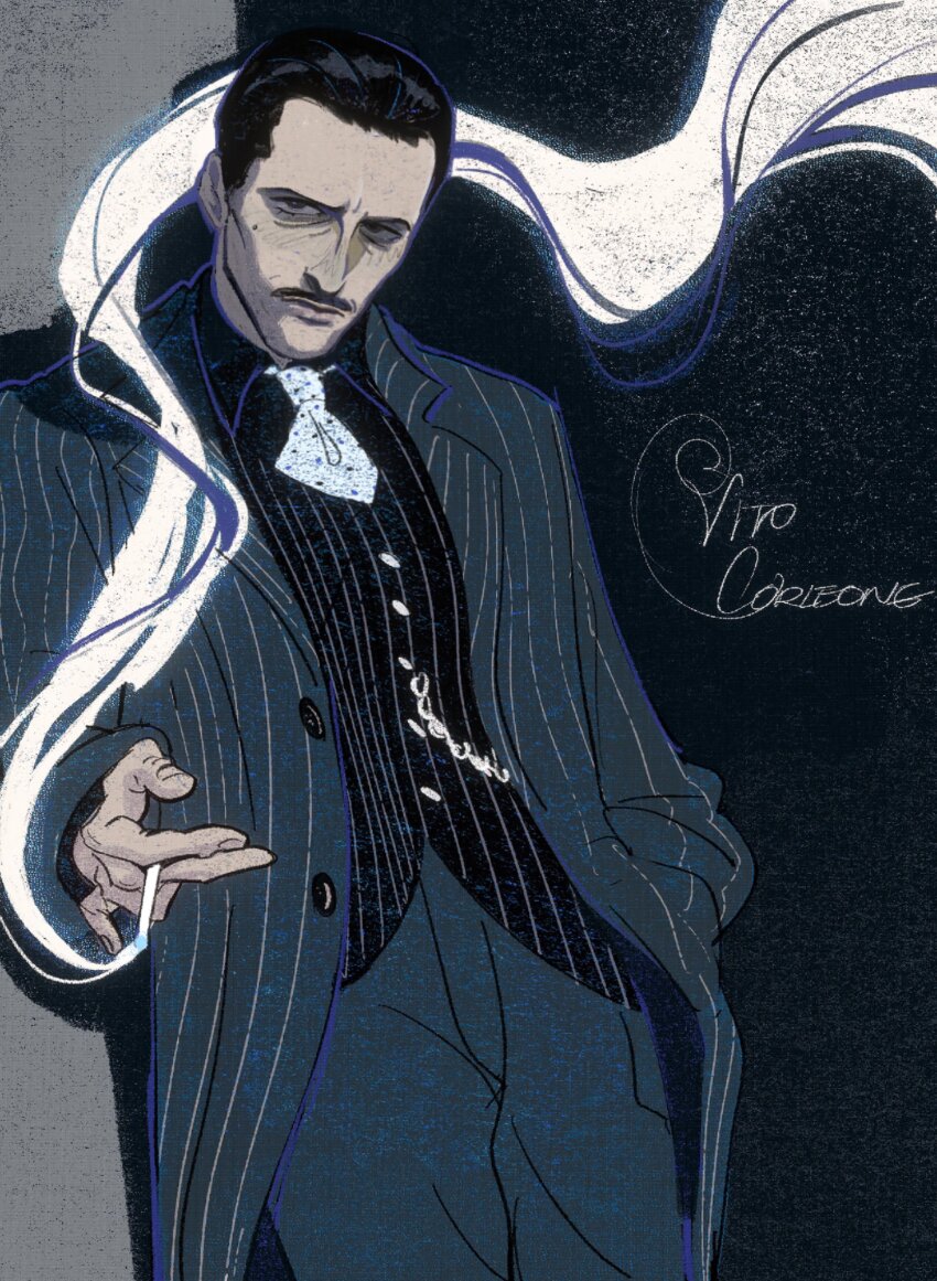 1boy absurdres ascot black_hair cigarette cowboy_shot facial_hair formal_clothes hair_slicked_back hand_in_pocket highres holding holding_cigarette looking_at_viewer male_focus mature_male mole mole_under_eye mustache pinstripe_jacket pinstripe_pattern pinstripe_vest robert_de_niro sanhunpo short_hair smoke smoking solo suit the_godfather vest vito_corleone waistcoat white_ascot