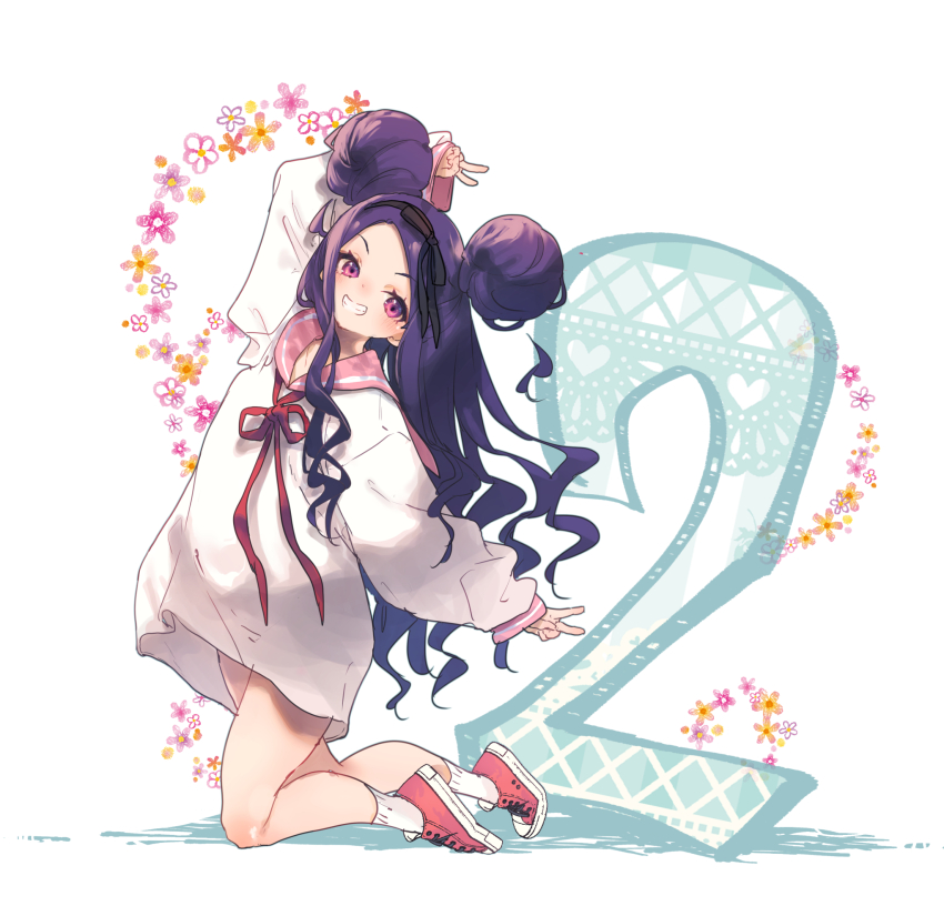 1girl :d anniversary arm_at_side arms_up black_ribbon commentary_request double_bun double_v finger_counting flower_symbol full_body grin hair_bun hair_ribbon hamayumiba_sou highres kneeling long_hair looking_at_viewer neck_ribbon ochikobore_fruit_tart open_mouth oversized_clothes oversized_shirt pink_eyes pink_sailor_collar purple_hair red_ribbon red_shoes ribbon sailor_collar sekino_roko shirt shoes smile sneakers socks solo v white_background white_shirt white_socks
