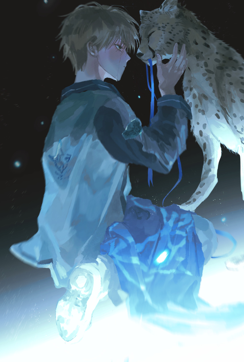 1boy absurdres animal black_background blonde_hair blue_jacket blue_ribbon chinese_commentary closed_mouth crying crying_with_eyes_open dark driedpersimmonisverydelicious full_body hand_up highres huang_shaotian jacket leotard light_particles long_sleeves looking_at_animal male_focus multicolored_jacket night pants profile quan_zhi_gao_shou ribbon shirt shoes short_hair sitting solo tears underlighting unworn_clothes white_jacket white_shoes yellow_eyes