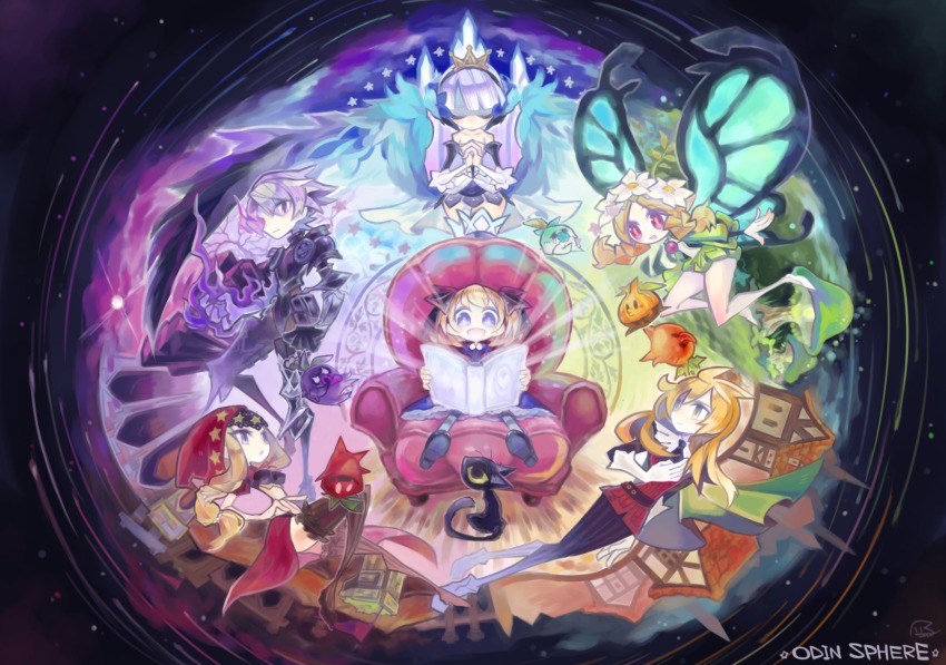 alice_(odin_sphere) armor armored_dress bare_shoulders black_cat blonde_hair blue_eyes book braid butterfly_wings cat chair cornelius_(odin_sphere) crown dress fairy flower gwendolyn_(odin_sphere) hair_flower hair_ornament highres hood insect_wings long_hair mercedes_(odin_sphere) midriff nepozip odin_sphere oswald pointy_ears pooka_(odin_sphere) pteruges puff_and_slash_sleeves puffy_shorts puffy_sleeves purple_eyes red_eyes red_upholstery ribbon short_hair shorts silver_hair socrates_(odin_sphere) strapless strapless_dress thighhighs twin_braids twintails velvet_(odin_sphere) wings