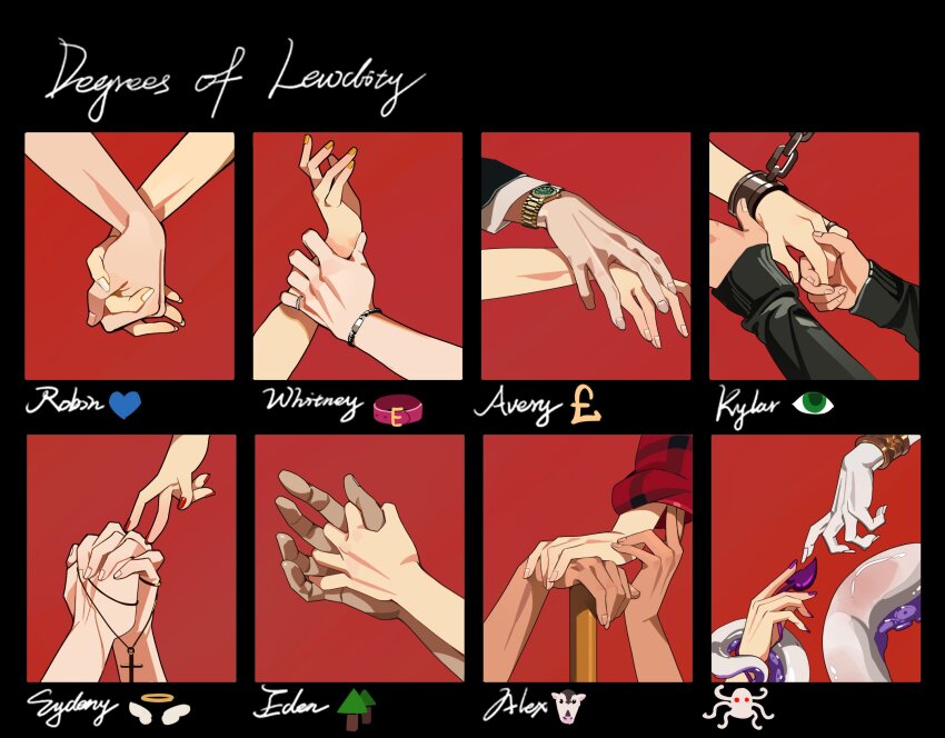 1girl 1other 6+boys alex_(degrees_of_lewdity) avery_(degrees_of_lewdity) bracelet cross cross_necklace cuffs degrees_of_lewdity eden_(degrees_of_lewdity) handcuffs heart highres holding_another&#039;s_wrist holding_hands ivory_wraith jewelry kylar_(degrees_of_lewdity) lou_xiaotiao multiple_boys necklace own_hands_clasped own_hands_together pale_skin plaid_clothes plaid_shirt player_character_(degrees_of_lewdity) red_background red_nails robin_(degrees_of_lewdity) rosary shirt simple_background sydney_(degrees_of_lewdity) tan tentacles watch whitney_(degrees_of_lewdity) wristwatch yellow_nails