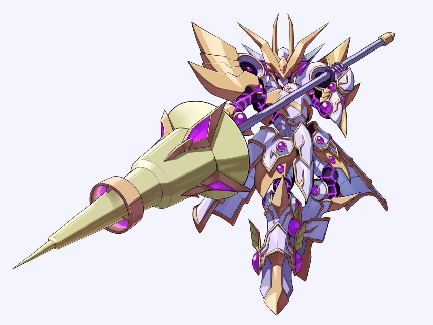 accesscode_talker armor duel_monster full_armor full_body highres holding holding_polearm holding_weapon lance polearm purple_eyes simple_background solo weapon white_armor white_background yu-gi-oh! zealmaker1boy
