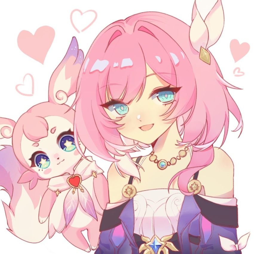 1girl blue_eyes coat cyrene_(honkai:_star_rail) dress hair_ornament heart heart_background honkai:_star_rail honkai_(series) jewelry looking_at_viewer medium_hair mem_(honkai:_star_rail) necklace pink_fur pink_hair pink_pupils purple_coat smile star-shaped_pupils star_(symbol) symbol-shaped_pupils tail white_dress yigedapaohongsinigeerbaiwu