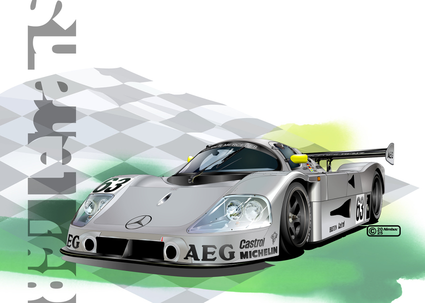 2025 artist_name car checkered_flag english_text flag le_mans_prototype logo mercedes-benz michelin michelin_man mixed-language_commentary motor_vehicle nimbus_goldbrum no_humans original product_placement race_flag race_vehicle racecar sauber_c9 spoiler_(automobile) sponsor vehicle_focus