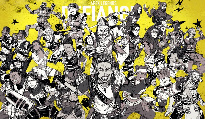 1other 6+boys 6+girls ^_^ abs absurdres ambiguous_gender android apex_legends armor ash_(titanfall_2) aviator_cap bandana bloodhound_(apex_legends) bodysuit braid breastplate breasts caustic_(apex_legends) cleavage clone closed_eyes collarbone crazy_eyes crazy_smile cropped_vest crypto_(apex_legends) dark-skinned_female dark-skinned_male dark_skin everyone face_piercing facial_hair finger_gun floating_hair frown fur-trimmed_jacket fur_trim fuse_(apex_legends) gas_mask gibraltar_(apex_legends) goggles goggles_on_head greyscale_with_colored_background hack_(apex_legends) hair_bun hazmat_suit headband highres holding holding_sword holding_weapon hood hood_up horizon_(apex_legends) humanoid_robot jacket jetpack jumpsuit lifeline_(apex_legends) lightning_bolt_symbol lip_piercing loba_(apex_legends) long_hair mad_maggie_(apex_legends) mask mechanical_arms medium_breasts midriff mirage_(apex_legends) missile_pod mouth_mask multiple_boys multiple_girls mustache navel octane_(apex_legends) one-eyed open_mouth pathfinder_(apex_legends) piercing rampart_(apex_legends) revenant_(apex_legends) robot seer_(apex_legends) shiba_shiba short_hair single_hair_bun single_mechanical_arm smile spacesuit star_(symbol) sword twin_braids valkyrie_(apex_legends) vest wattson_(apex_legends) weapon wraith_(apex_legends) yellow_background