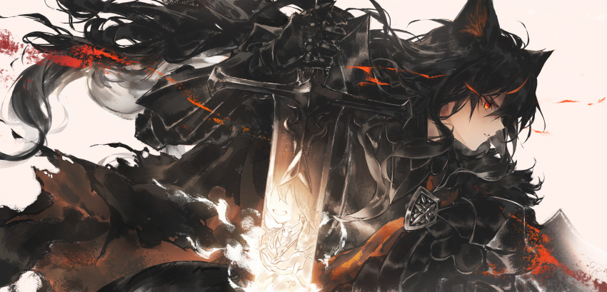 1girl absurdres animal_ears armor barding black_armor black_hair colored_inner_animal_ears double_exposure eye_trail floating_hair fox_ears fox_girl from_side gauntlets glowing glowing_eyes highres holding holding_sword holding_weapon hololive horseback_riding kurokami_fubuki kyoko_(zeprii4) leaning_forward light_trail long_hair orange_eyes parted_lips red_eyes riding serious shirakami_fubuki solo sword upper_body very_long_hair virtual_youtuber weapon white_background