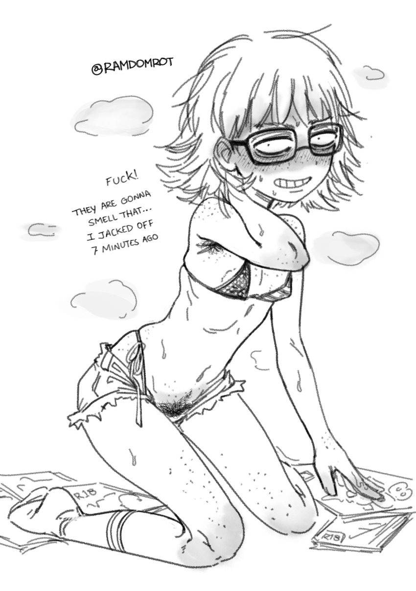 1girl absurdres american_flag american_flag_bikini american_flag_print armpit_hair bikini blush body_freckles borrowed_character breasts female_pubic_hair flag_print flag_print_bikini freckles full-face_blush glasses grin highres jimiko kneeling medium_hair micro_bikini neet_girl_(baalbuddy) original print_bikini pubic_hair ramdomrot short_shorts shorts simple_background skinny small_breasts smile steam steaming_body swimsuit white_background